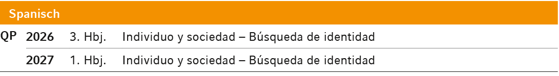 Spanisch,QP,2026,3. Hbj.,Individuo y sociedad – B squeda de identidad,,2027,1. Hbj.,Individuo y sociedad – B squeda d...