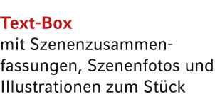 Text Box mit Szenenzusammen­fassungen, Szenenfotos und Illustrationen zum St ck