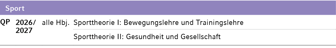 Sport,QP,2026 / 2027,alle Hbj.,Sporttheorie I: Bewegungslehre und Trainingslehre ,,,Sporttheorie II: Gesundheit und G...
