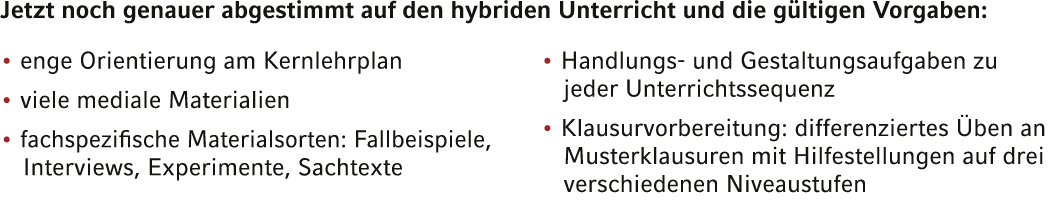 Jetzt noch genauer abgestimmt auf den hybriden Unterricht und die gültigen Vorgaben:   enge Orientierung am Kernlehrp   
